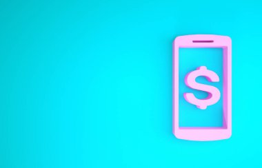 Mavi arkaplanda dolar sembolü olan pembe akıllı telefon. İnternetten alışveriş konsepti. Finansal cep telefonu simgesi. Çevrimiçi ödeme. Minimalizm kavramı. 3d illüstrasyon 3B canlandırma