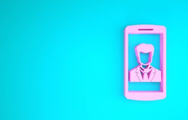 Pink Smartphone with contact on screen icon isolated on blue background. Incoming call. Human on phone screen. Call contact. Minimalism concept. 3d illustration 3D render
