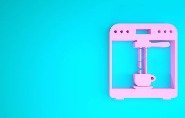 Pembe kahve makinesi ve kahve fincanı ikonu mavi arka planda izole edilmiş. Minimalizm kavramı. 3d illüstrasyon 3d canlandırma