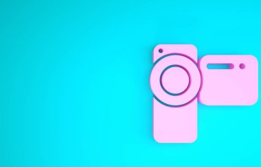 Mavi arkaplanda izole edilmiş pembe sinema kamera ikonu. Video kamera. Film tabelası. Film projektörü. Minimalizm kavramı. 3d illüstrasyon 3B canlandırma