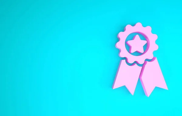 Medalla Rosa con icono de estrella aislado sobre fondo azul. Signo de logro del ganador. Medalla de premio. Concepto minimalista. 3D ilustración 3D render —  Fotos de Stock