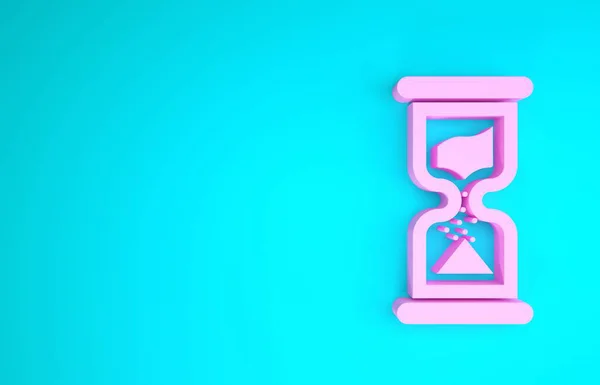 青い背景に流れる砂のアイコンとピンクの古い砂時計。砂時計の看板。ビジネスと時間管理の概念。最小限の概念。3Dイラスト3Dレンダリング — ストック写真