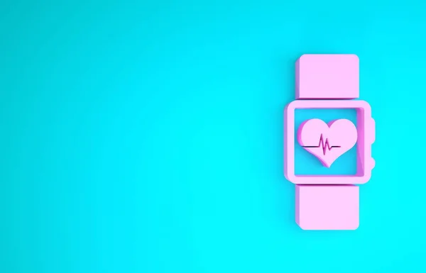 粉色智能手表显示心脏跳动率图标孤立在蓝色背景.健身应用的概念。最低纲领的概念。3D渲染3D插图 — 图库照片