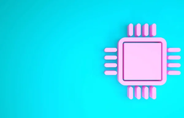 Processador de computador rosa com microcircuitos ícone CPU isolado no fundo azul. Chip ou cpu com placa de circuito sinal. Micro processador. Conceito de minimalismo. 3D ilustração 3D render — Fotografia de Stock