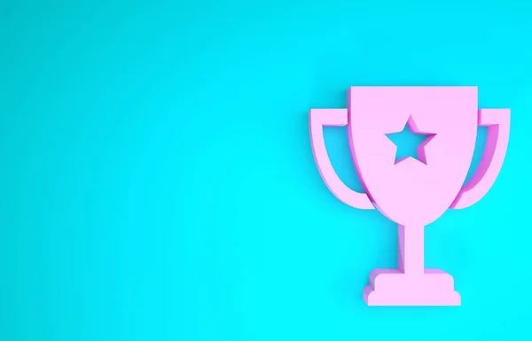 Rosa Trofeo icona tazza isolato su sfondo blu. Simbolo premio. Icona della coppa del campione. Concetto minimalista. Illustrazione 3d rendering 3D — Foto Stock