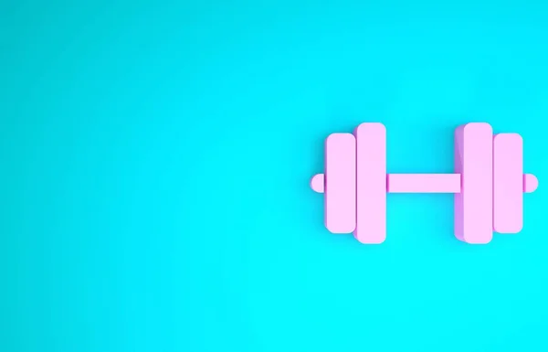Icono de mancuerna rosa aislado sobre fondo azul. Icono de levantamiento muscular, barra de fitness, icono de gimnasio, símbolo de equipo deportivo, bumbbell ejercicio. Concepto minimalista. 3D ilustración 3D render — Foto de Stock