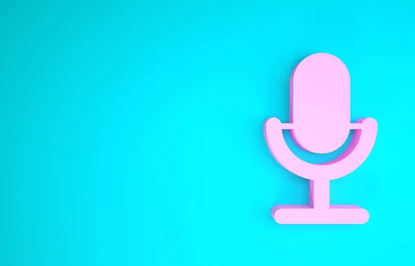 Icono de micrófono rosa aislado sobre fondo azul. En el micrófono de radio de aire. Firma del portavoz. Concepto minimalista. 3D ilustración 3D render — Foto de Stock