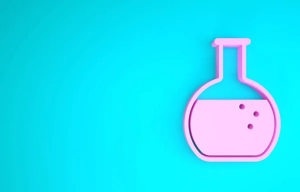 Różowa probówka i kolba - chemiczna ikona laboratoryjna wyizolowana na niebieskim tle. Koncepcja minimalizmu. Ilustracja 3d — Zdjęcie stockowe
