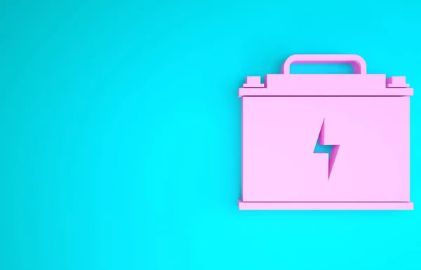 Ícone de bateria Pink Car isolado no fundo azul. Acumulador de energia da bateria e bateria acumulador de eletricidade. Parafuso relâmpago. Conceito de minimalismo. 3D ilustração 3D render — Fotografia de Stock