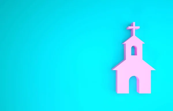 Ícone de construção da igreja rosa isolado no fundo azul. Igreja Cristã. Religião da igreja. Conceito de minimalismo. 3D ilustração 3D render — Fotografia de Stock