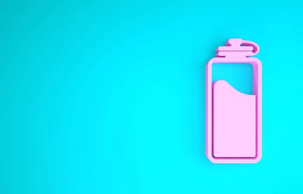 Rosa Sportflasche mit Wassersymbol isoliert auf blauem Hintergrund. Minimalismus-Konzept. 3D Illustration 3D Renderer — Stockfoto