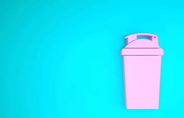 Icono de agitador Pink Fitness aislado sobre fondo azul. Botella agitadora deportiva con tapa para cócteles de agua y proteínas. Concepto minimalista. 3D ilustración 3D render — Foto de Stock