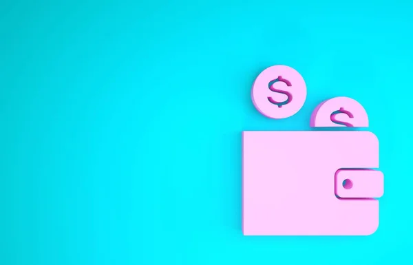 Růžová peněženka s ikonou mince izolované na modrém pozadí. Peněženka. Symbol mince. Minimalismus. 3D ilustrace 3D vykreslení — Stock fotografie