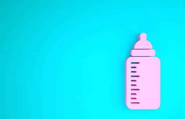 Pink Baby bottle icon isolated on blue background. Feeding bottle icon. Milk bottle sign. Minimalism concept. 3d illustration 3D render