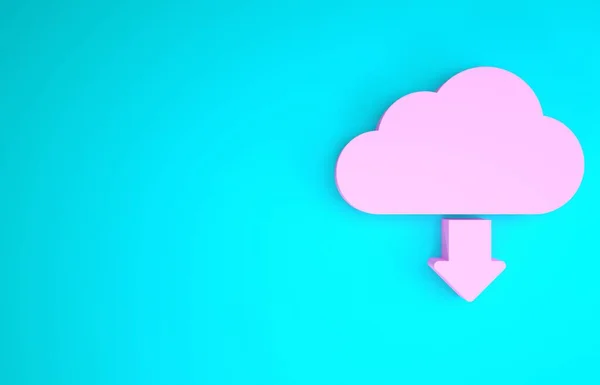 Rosa nube icono de descarga aislado sobre fondo azul. Concepto minimalista. 3D ilustración 3D render — Foto de Stock