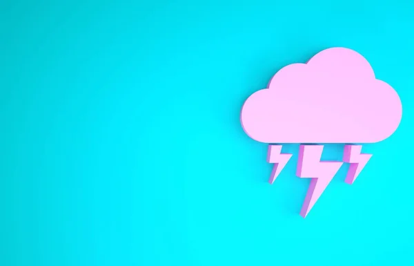 Icono de tormenta rosa aislado sobre fondo azul. Nube y relámpago. Icono del tiempo de tormenta. Concepto minimalista. 3D ilustración 3D render — Foto de Stock