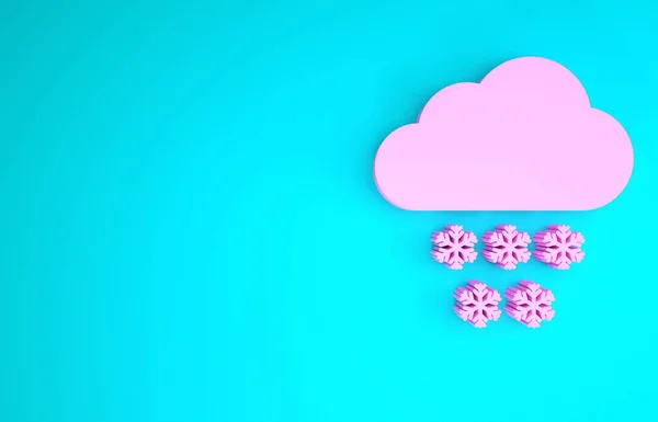 Nuvola Rosa con icona di neve isolata su sfondo blu. Nuvola con fiocchi di neve. Icona del tempo singolo. Segno di neve. Concetto minimalista. Illustrazione 3d rendering 3D — Foto Stock