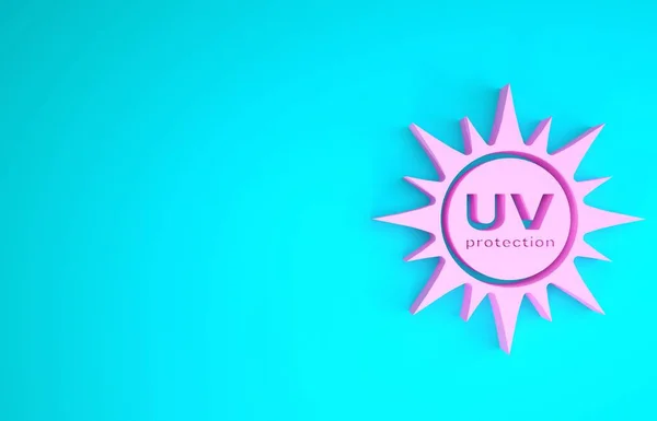 Icona di protezione UV rosa isolata su sfondo blu. Radiazioni ultraviolette. Segno solare SPF. Concetto minimalista. Illustrazione 3d rendering 3D — Foto Stock