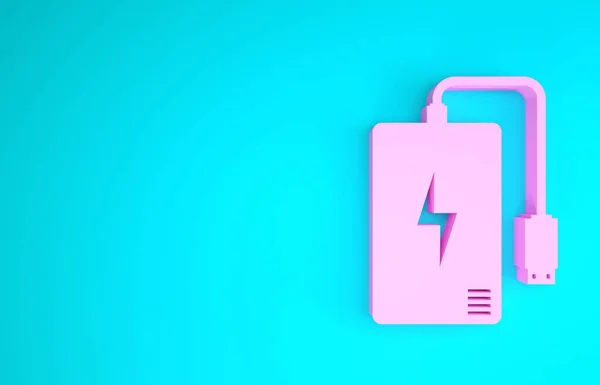 Banca di alimentazione rosa con diversa icona del cavo di ricarica isolato su sfondo blu. Dispositivo di ricarica portatile. Concetto minimalista. Illustrazione 3d rendering 3D — Foto Stock