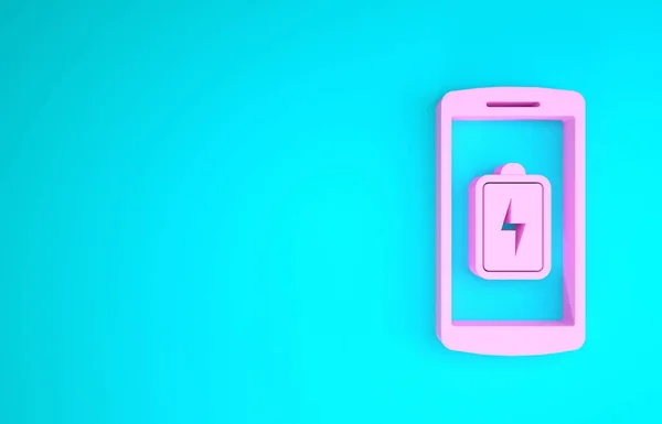 Różowy Smartphone baterii ikona ładowania izolowane na niebieskim tle. Telefon z niskim naładowaniem akumulatora. Koncepcja minimalizmu. Ilustracja 3D 3D renderowania — Zdjęcie stockowe