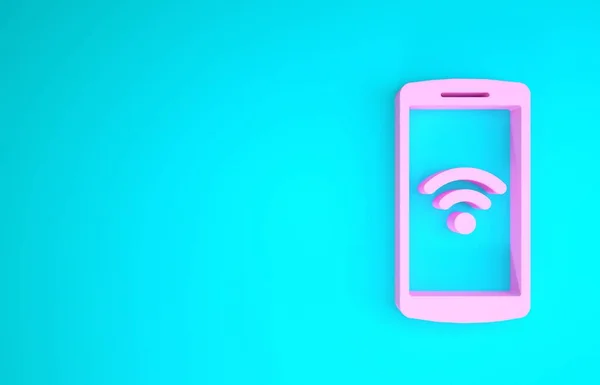 Smartphone roz cu pictogramă gratuită de conexiune wireless wi-fi izolată pe fundal albastru. Tehnologie wireless, rețea wireless, concepte hotspot. Conceptul de minimalism. 3d ilustrație 3D render — Fotografie, imagine de stoc