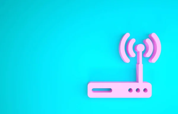 Ikona symbolu růžového směrovače a wi-fi signálu na modrém pozadí. Bezdrátový router modemu Ethernet. Počítačová technologie internet. Minimalismus. 3D ilustrace 3D vykreslení — Stock fotografie