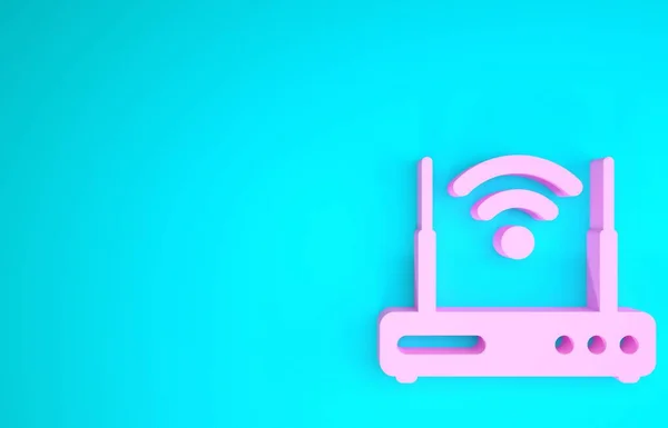 Roteador rosa e ícone de símbolo de sinal wi-fi isolado no fundo azul. Roteador de modem sem fio ethernet. Internet de tecnologia de computador. Conceito de minimalismo. 3D ilustração 3D render — Fotografia de Stock