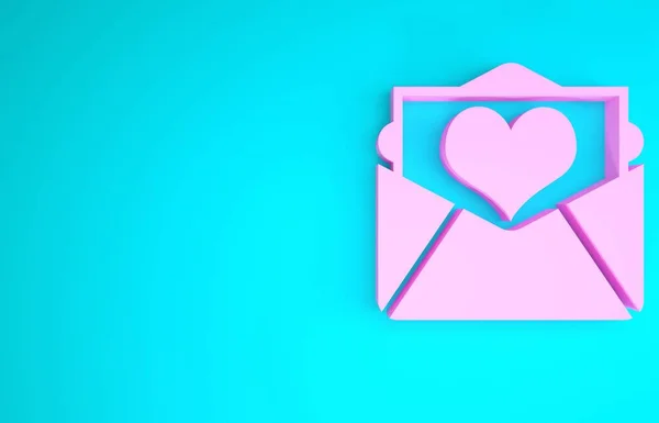 Pink Envelope with Valentine heart icon isolated on blue background. Letter love and romance. Minimalism concept. 3d illustration 3D render — Stock Photo, Image