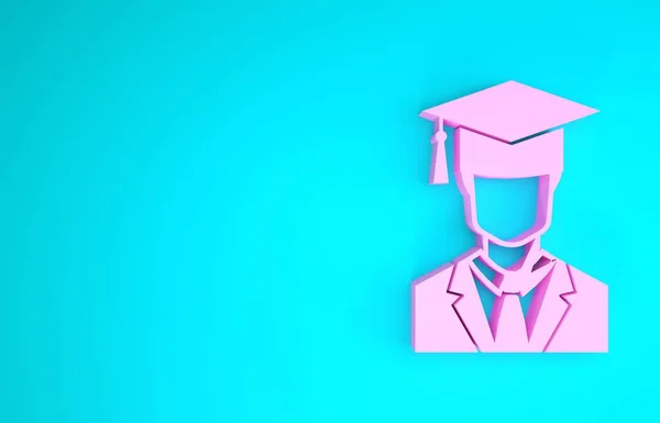 Pink Male graduate student profile with gown and graduation cap icon isolated on blue background. Minimalism concept. 3d illustration 3D render
