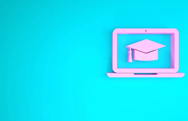 Ροζ καπάκι αποφοίτησης στην οθόνη του φορητού υπολογιστή εικονίδιο απομονώνονται σε μπλε φόντο. Online μάθηση ή e-learning έννοια. Μινιμαλιστική έννοια. 3D απεικόνιση 3d καθιστούν — Φωτογραφία Αρχείου