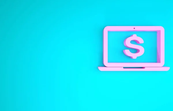 Pink Laptop with dollar symbol icon isolated on blue background. Online shopping concept. Economy concept. Minimalism concept. 3d illustration 3D render