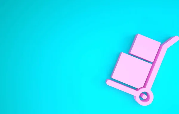 Rosa Hand lastbil och lådor ikon isolerad på blå bakgrund. Dolly-symbolen. Minimalistiskt koncept. 3D-illustration 3D-återgivning — Stockfoto