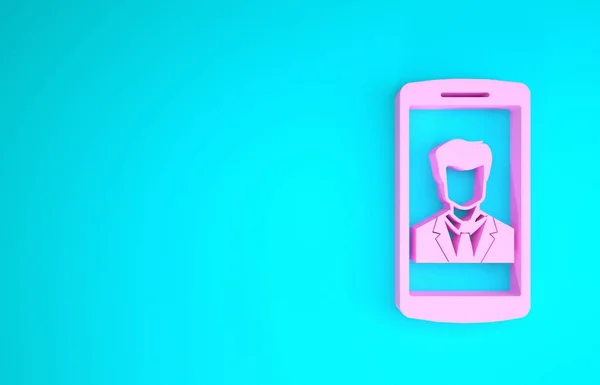 Smartphone rosa con contacto en el icono de la pantalla aislado sobre fondo azul. Llamada entrante. Humano en la pantalla del teléfono. Llama a contacto. Concepto minimalista. 3D ilustración 3D render — Foto de Stock