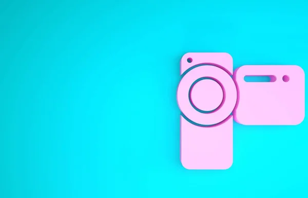 Ícone de câmera de cinema rosa isolado no fundo azul. Câmera de vídeo. Sinal de filme. Projector de filme. Conceito de minimalismo. 3D ilustração 3D render — Fotografia de Stock