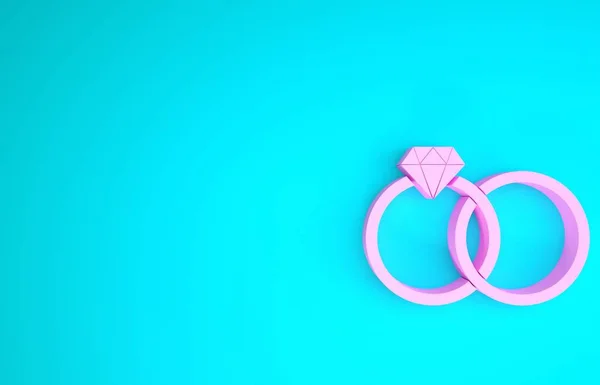 Rosa Anéis de casamento ícone isolado no fundo azul. Sinal de jóias da noiva e do noivo. Ícone do casamento. Anel de diamante. Conceito de minimalismo. 3D ilustração 3D render — Fotografia de Stock