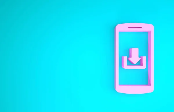 Pink Smartphone with download icon isolated on blue background. Minimalism concept. 3d illustration 3D render — ストック写真