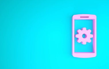 Akıllı telefon simgesinde pembe ayar mavi arkaplanda izole edildi. Cep telefonu ve teçhizat. Ayarlama, servis, ayar, bakım, onarım, onarım. Minimalizm kavramı. 3d illüstrasyon 3d canlandırma