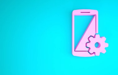 Akıllı telefon simgesinde pembe ayar mavi arkaplanda izole edildi. Cep telefonu ve teçhizat. Ayarlama, servis, ayar, bakım, onarım, onarım. Minimalizm kavramı. 3d illüstrasyon 3d canlandırma