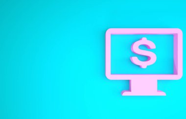 Mavi arka planda dolar simgesi olan pembe bilgisayar monitörü. İnternet finansal güvenlik konsepti, çevrimiçi finans koruması. Minimalizm kavramı. 3d illüstrasyon 3d canlandırma