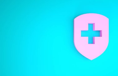 Mavi arka planda çapraz ikonu olan pembe tıbbi kalkan. Koruma, güvenlik, şifre güvenliği. Minimalizm kavramı. 3d illüstrasyon 3d canlandırma