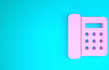 Pembe Telefon simgesi mavi arkaplanda izole edildi. Sabit telefon. Minimalizm kavramı. 3d illüstrasyon 3d canlandırma