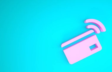 Mavi arka planda NFC kart ikonu olan pembe temassız ödeme. Üzerinde radyo dalgası işareti olan kart. Kredi kartı ödemesi. Minimalizm kavramı. 3d illüstrasyon 3d canlandırma