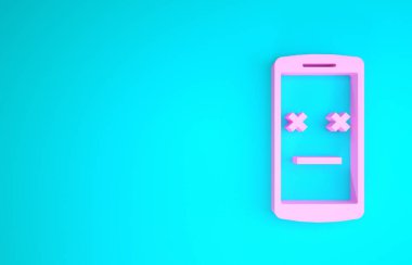 Pembe Ölü telefon simgesi mavi arkaplanda izole edildi. Ölen dijital cihaz emojisi sembolü. Ceset akıllı telefonu yüz duygusunu gösteriyor. Minimalizm kavramı. 3d illüstrasyon 3d canlandırma