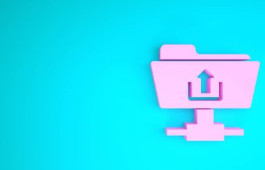 Pembe Ftp dizin gönderme simgesi mavi arkaplanda izole edildi. Yazılım güncellemesi, transfer protokolü, yönlendirici, takım çalışması araç yönetimi, kopyalama işlemi. Minimalizm kavramı. 3d illüstrasyon 3d canlandırma