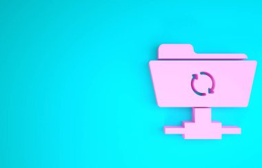 Pembe Ftp eşzamanlama simgesi mavi arkaplanda izole edildi. Yazılım güncellemesi, transfer protokolü, yönlendirici, takım çalışması araç yönetimi, kopyalama işlemi. Minimalizm kavramı. 3d illüstrasyon 3d canlandırma