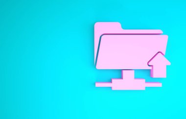 Pembe Ftp dizin gönderme simgesi mavi arkaplanda izole edildi. Yazılım güncellemesi, transfer protokolü, yönlendirici, takım çalışması araç yönetimi, kopyalama işlemi. Minimalizm kavramı. 3d illüstrasyon 3d canlandırma