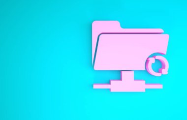 Pembe Ftp eşzamanlama simgesi mavi arkaplanda izole edildi. Yazılım güncellemesi, transfer protokolü, yönlendirici, takım çalışması araç yönetimi, kopyalama işlemi. Minimalizm kavramı. 3d illüstrasyon 3d canlandırma