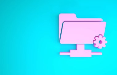 Pembe Ftp ayarları dizin simgesi mavi arkaplanda izole edildi. Yazılım güncellemesi, transfer protokolü, yönlendirici, takım çalışması araç yönetimi, kopyalama işlemi. Minimalizm kavramı. 3d illüstrasyon 3d canlandırma