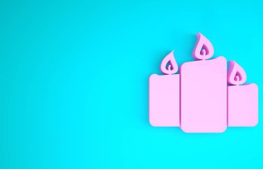 Mavi arkaplanda izole edilmiş pembe yanan mum simgesi. Eski moda yanan mumlar. Silindirik aromatik mum çubukları ve yanan alevler. Minimalizm kavramı. 3d illüstrasyon 3d canlandırma