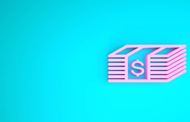 Pembe kağıt para Amerikan doları nakit para ikonu mavi arka planda izole. Para banknotları dolar simgesiyle istiflenir. Para birimi. Minimalizm kavramı. 3d illüstrasyon 3d canlandırma